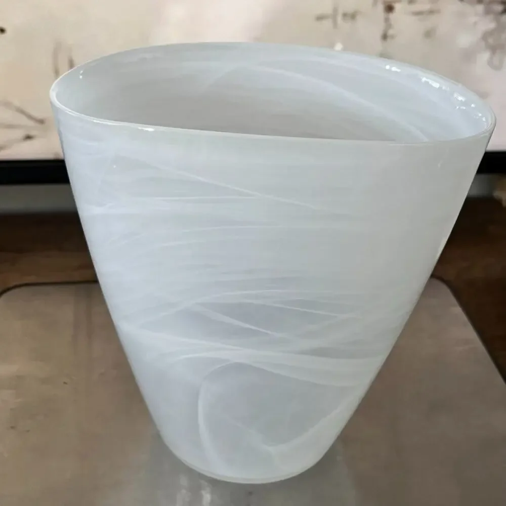 White Opulent Swirls Glass Art Oval Round Vase 7.25